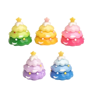 Five colorful mini resin Christmas trees with star tops and snow decoration for DIY