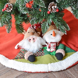 Red Christmas tree skirt with 3D Santa and snowman plush figures and white faux fur trim