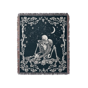 Gothic skull lovers woven camping blanket with moon and rose patterns and tassels