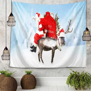Christmas tapestry featuring Santa Claus on a reindeer with snowy landscape for wall decor