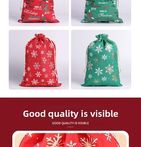 Detail of Christmas burlap drawstring gift bags with gold stamping and snowflake patterns