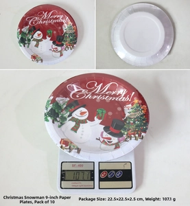 Close-up of 9-inch Christmas paper plates with snowman and Santa Claus festive patterns