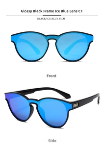 Detail view of large black frame sunglasses with polar ice blue mirrored lenses