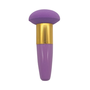 Purple umbrella-shaped makeup sponge brush with a gold metal ring and ergonomic handle