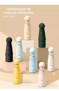 Compact UPF 50+ capsule umbrellas in eight colors with a lightweight 6-rib structure