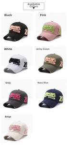 Detailed view of distressed baseball caps in seven colors with vintage 3D embroidery
