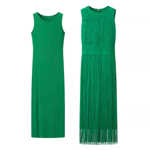 Elegant green two-piece sleeveless knit dress set with long fringe details and slim fit