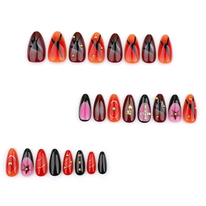 3D rose almond press-on nails with red gradient, gothic cross and metal studs