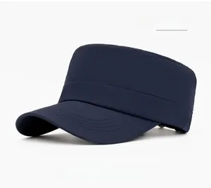 Detail of navy blue quick-dry flat top military cap with breathable mesh and side vents
