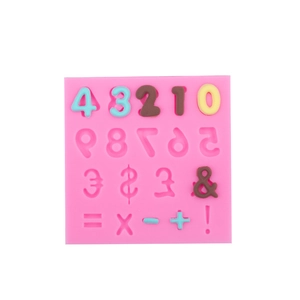Stampo in silicone rosa con numeri da zero a nove e simboli matematici per dolci