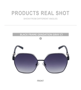 Front view of black square frame sunglasses with grey gradient lenses and silver accents