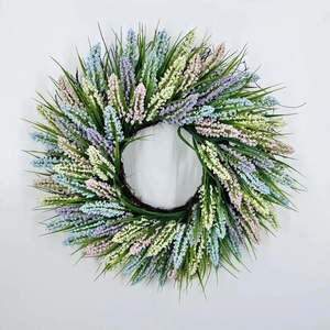 Pastel artificial lavender wreath with mixed flowers and green grass for home wall decor
