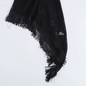 Y2K off-shoulder black slit dress featuring sheer mesh fabric and long tassel details