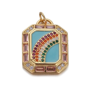 Close-up of golden square pendant with blue enamel and colorful zircon gemstones