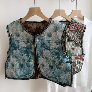 Retro ethnic embroidered shawl vest with colorful jacquard patterns and black woven trim