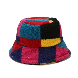 Colorful patchwork faux lamb wool bucket hat with warm checkered plush texture for winter
