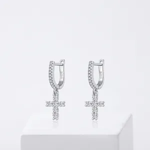 925 Sterling Silver Moissanite Cross Charm Hoop Earrings D Color VVS1 Pave Cubic Zirconia Elegant Jewelry For Women