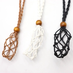 Handmade woven necklace cord with adjustable mesh pouch and wooden beads in three colors