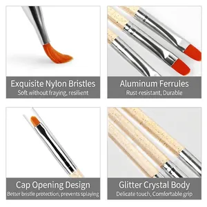 7pcs professional nail art brushes with clear glitter handles and oval nylon bristles