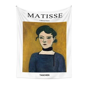 Detail of artistic Henri Matisse style tapestry with blue portrait and yellow backdrop