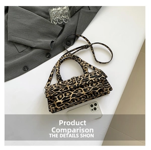 Leopard print crossbody bag size comparison next to a smartphone on a modern desk