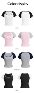 Color display of women's Y2K U-neck short sleeve T-shirts in white, pink, gray, and black