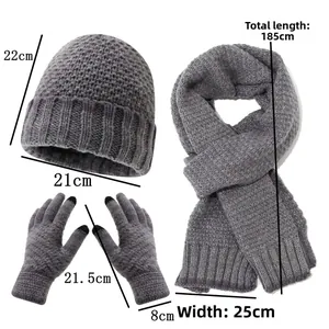 Detailed size chart of men's knitted winter hat, scarf and touch screen gloves set