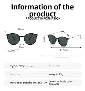Detailed size specifications of round metal sunglasses with HD UV protection lenses