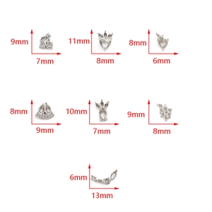 Assorted stainless steel fruit and crown jewelry charms with precise size dimensions