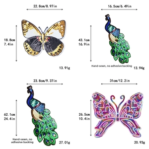 Detailed dimensions of oversized sequin butterfly and peacock embroidery patches