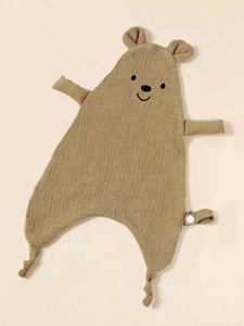 Brown cotton muslin security blanket for babies featuring a cute embroidered bear design