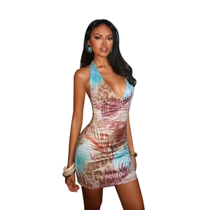 Tropical print halter mini dress with leopard and palm pattern for summer beach vacations