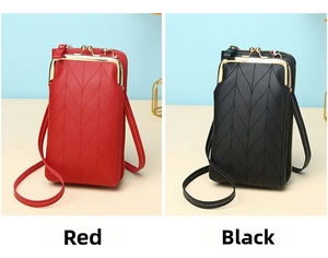 Detailed comparison of red and black quilted crossbody phone bags with metal clasps