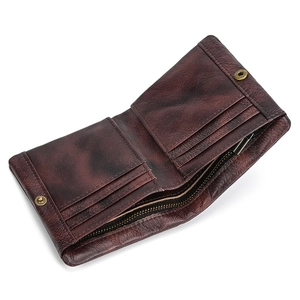 Detail view of genuine leather wallet interior with multiple card slots and a zipper pocket