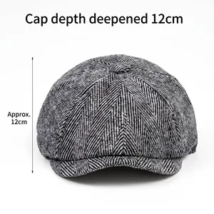Grey herringbone newsboy cap with 12cm deepened crown for a snug fit and classic style