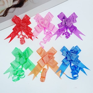 Set of six colorful 18mm gift bows with gold trim and embossed rose pattern ribbons