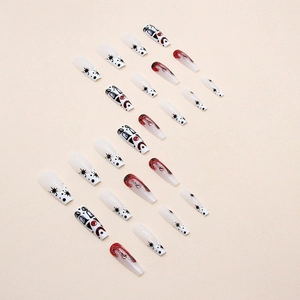 Long coffin fake nails with bloody dripping heart and clown patterns for Halloween