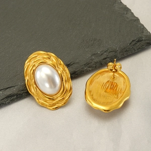 French style 18K gold plated stainless steel pearl stud earrings with rope texture