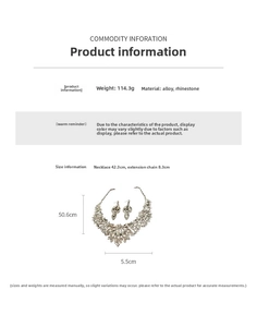 Size guide for silver rhinestone flower necklace and earring set with dimensions and weight