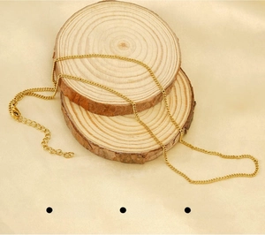 Polished gold stainless steel chain with lobster clasp and adjustable link on wooden stand
