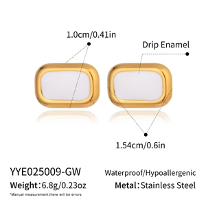 Detail view of rectangular white enamel earrings with gold stainless steel border