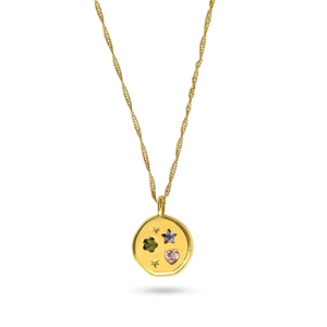 Gold U-shaped kaleidoscope necklace with colorful cubic zirconia and twisted rope chain
