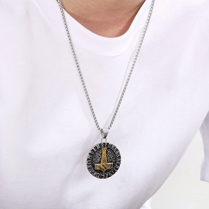 Vintage Viking Thor's Hammer compass rune stainless steel pendant necklace on a model