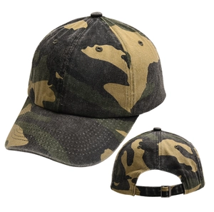 Detail of vintage washed camo baseball cap showing metal buckle and cotton texture