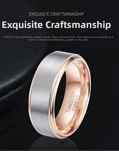 Macro detail of tungsten carbide ring with brushed silver surface and rose gold plating