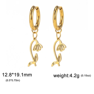 Detail showing gold stainless steel lily of the valley hoop earrings measuring 12.8x19.1mm