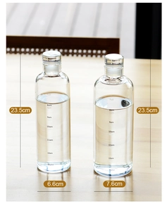 Detailed dimensions of transparent glass water bottles with time markers and heights