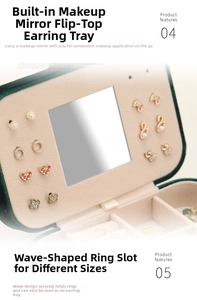 Detail of velvet jewelry box with built-in mirror and wave ring storage slots