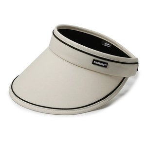Visière pare-soleil beige à large bord avec bordure noire et haut ouvert pour femme