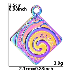 Rainbow plated stainless steel square pendant dimensions 2.5cm by 2.1cm with wave texture